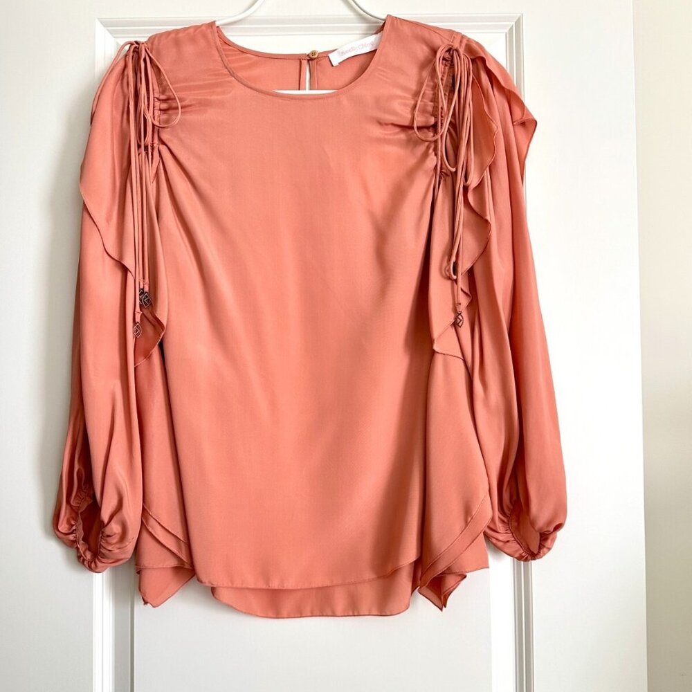 NWT SEE BY CHLOE Silk Blend Ruffle Long Sleeve Blouse in Past Rose Size S